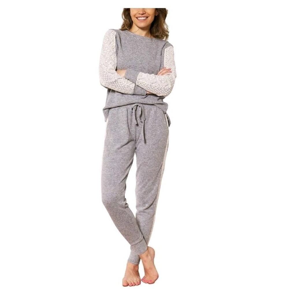 Flora Nikrooz Womens 2 Piece Long Sleeve Lounge Jogger Set Crochet Lace Sz XL
